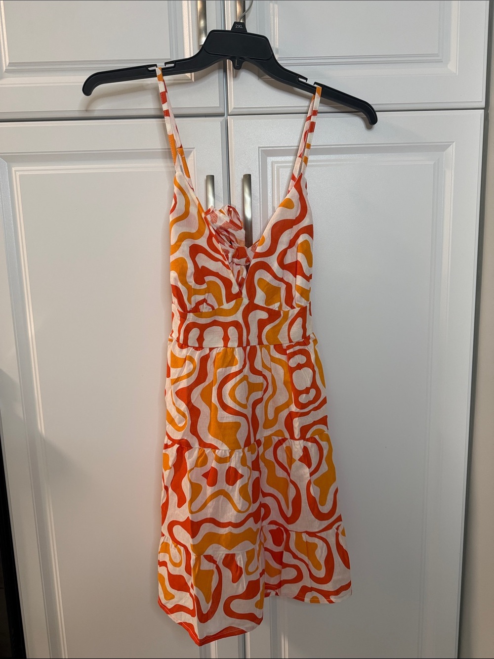 Abstract Orange & White Mini Sundress with Spaghetti Straps